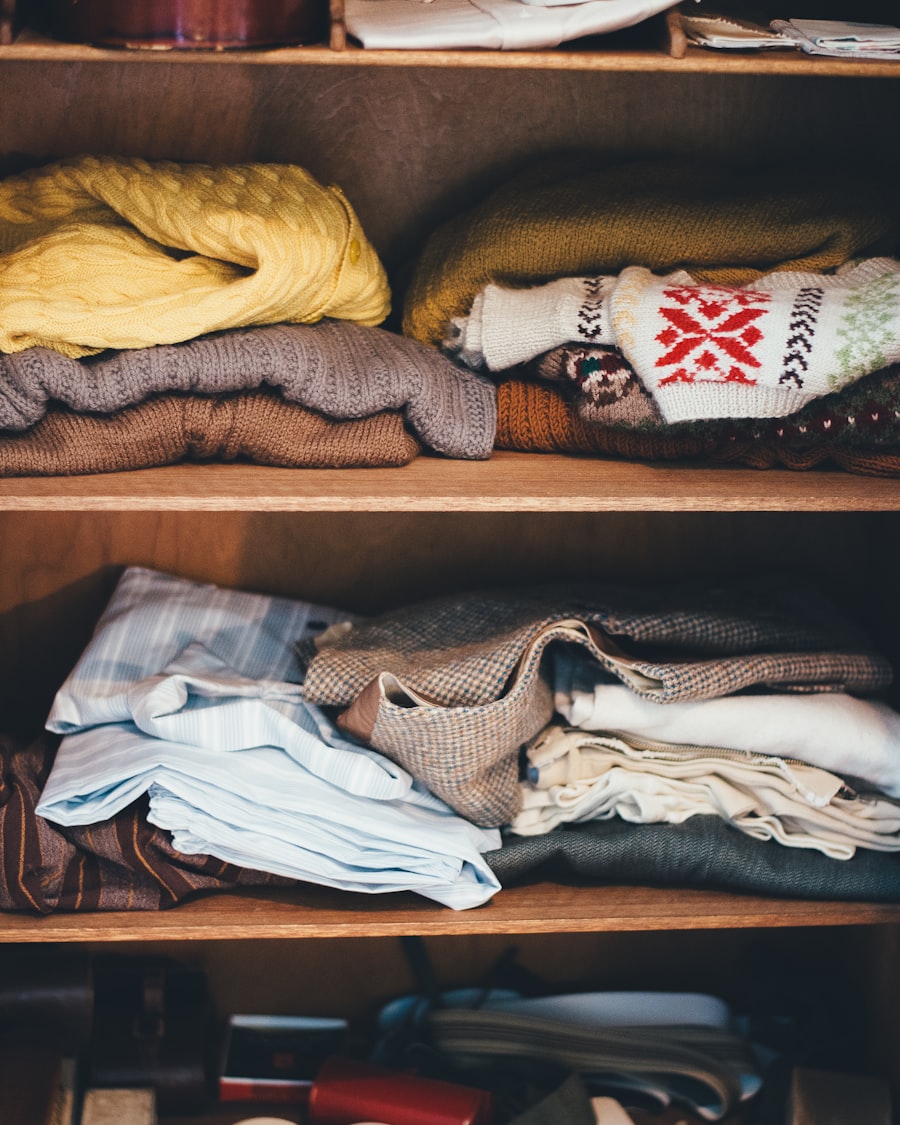 Folded garments arranged on shelving